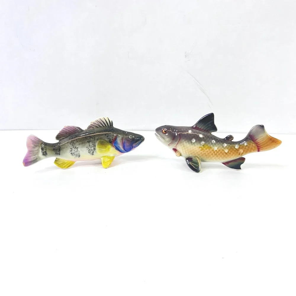 Vintage UCAGCO Fish Salt Pepper Shakers Brown Trout Yellow Perch Japan